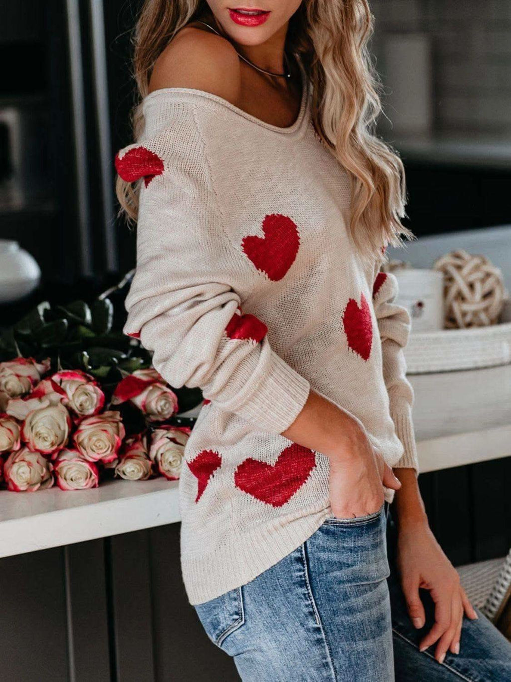 Heart Scoop Neck Long Sleeve Sweater in - photo