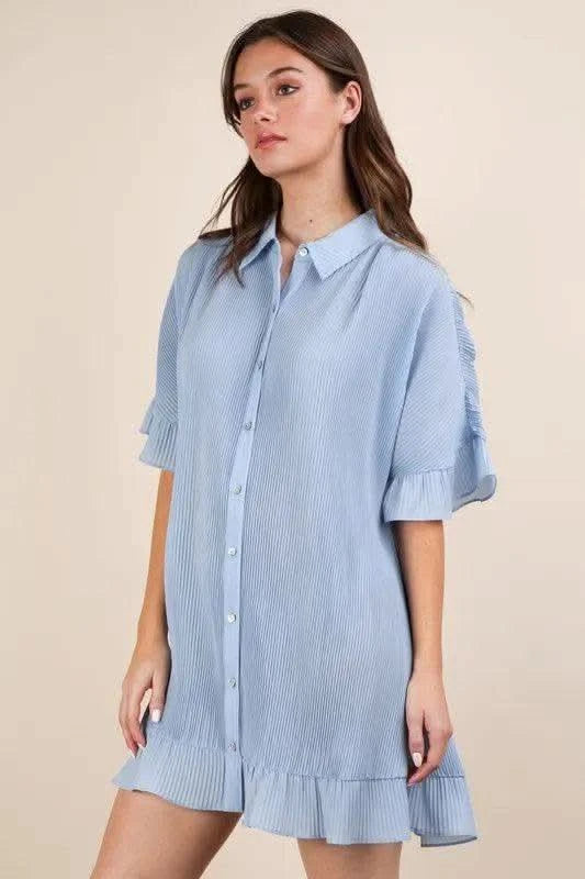 VERY J Pleated Detail Button Down Mini Dress in - photo