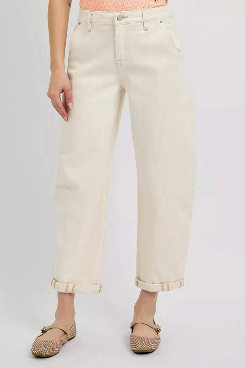 RISEN High Rise Relaxed Barrel Cuffed Jeans in - photo