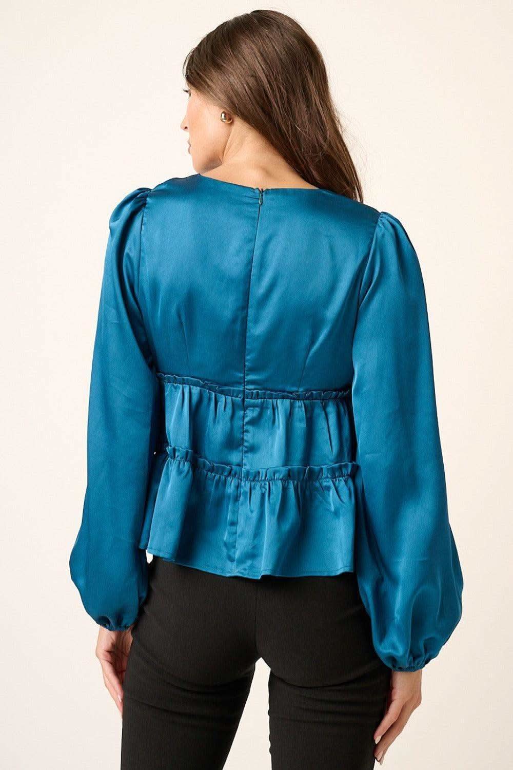 Mittoshop Satin V Neck Ruffled Tier Blouse - SwagglyLife Home & Fashion