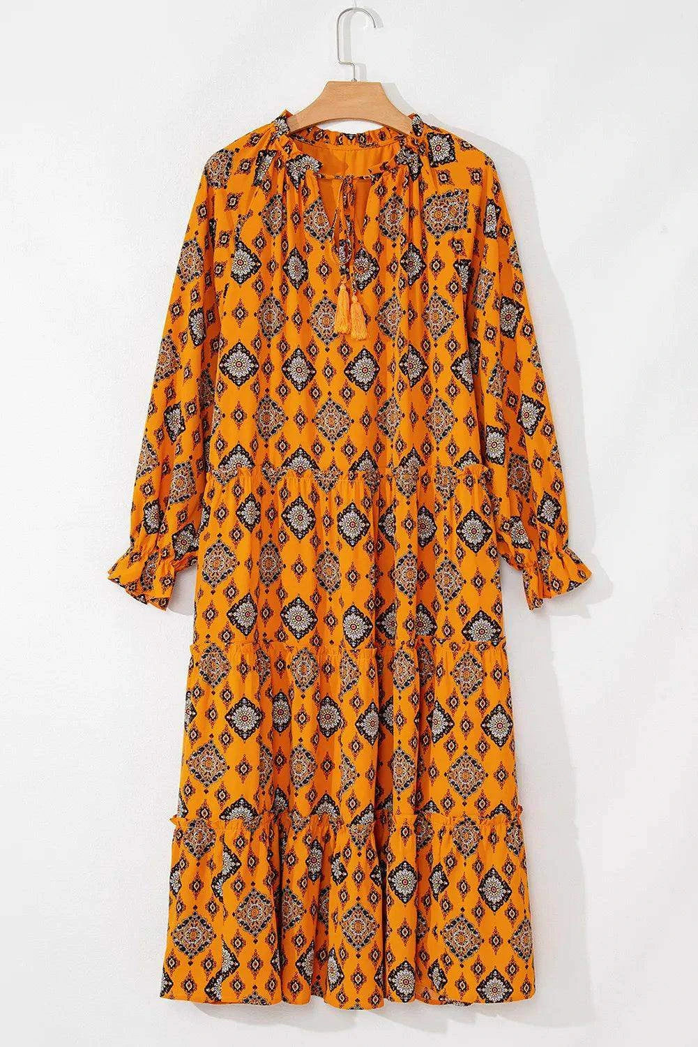 Frill Printed Tie Neck Long Sleeve Dress - SwagglyLife Home & Fashion