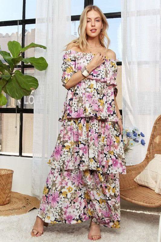 ADORA Layered Floral Off-Shoulder Short Sleeve Maxi Dress in - Dresses photo