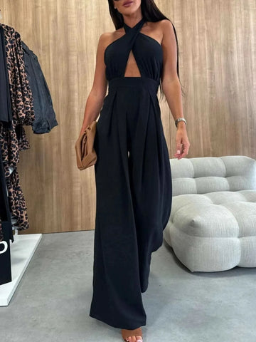 Wide Leg Cutout Halter Neck Jumpsuit - SwagglyLife Home & Fashion Wide Leg Cutout Halter Neck Jumpsuit - SwagglyLife Home & Fashion