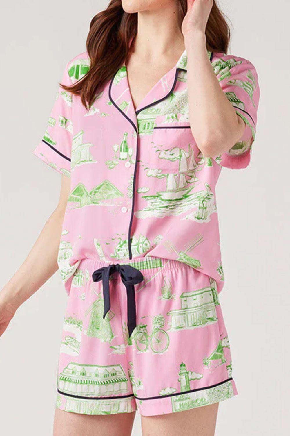 Collared Neck Printed Top and Drawstring Shorts Lounge Set - SwagglyLife Home & Fashion