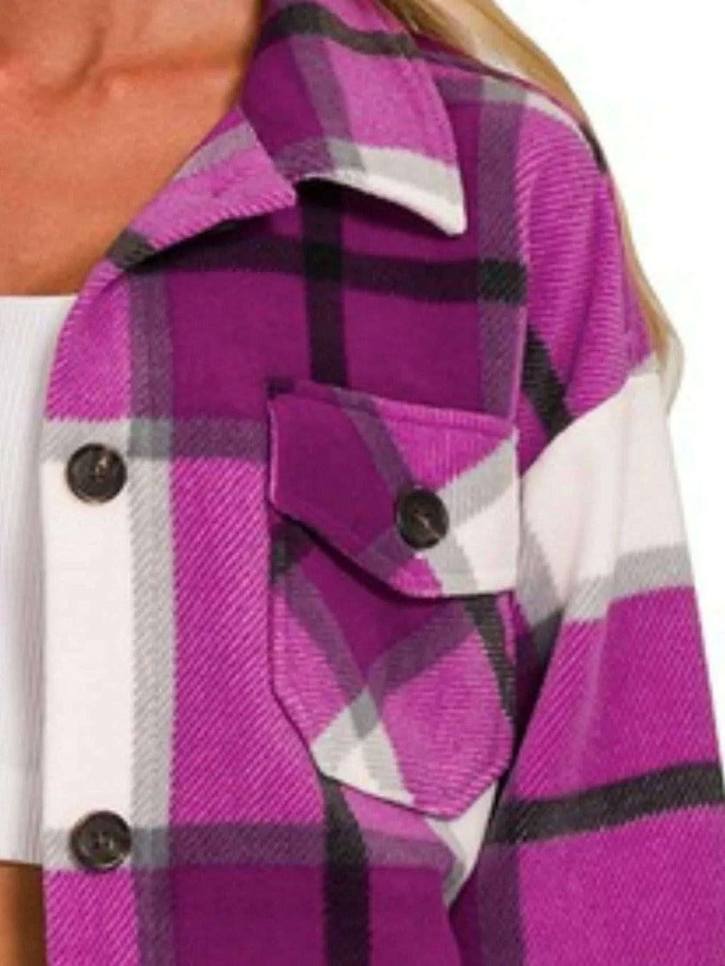 Zenana Oversized Plaid Fleece Shacket in - photo