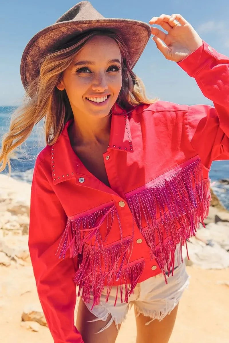 BiBi Rhinestone Fringe with Studed Collar Jacket in - photo