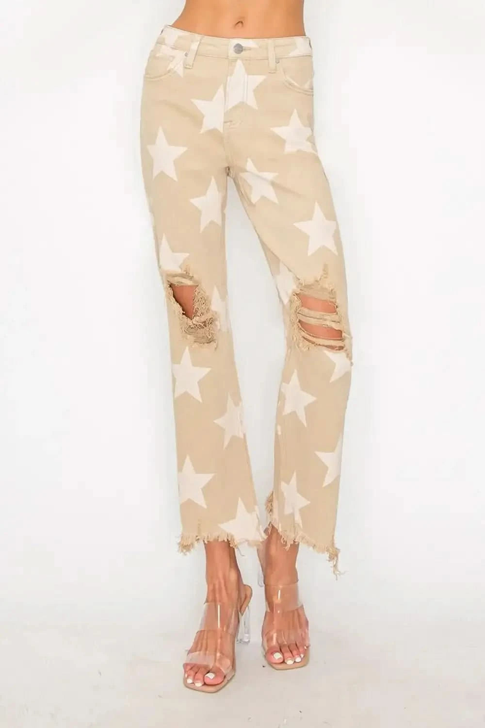 RISEN Full Size High Rise Star Printed Frayed Hem Jeans in - photo
