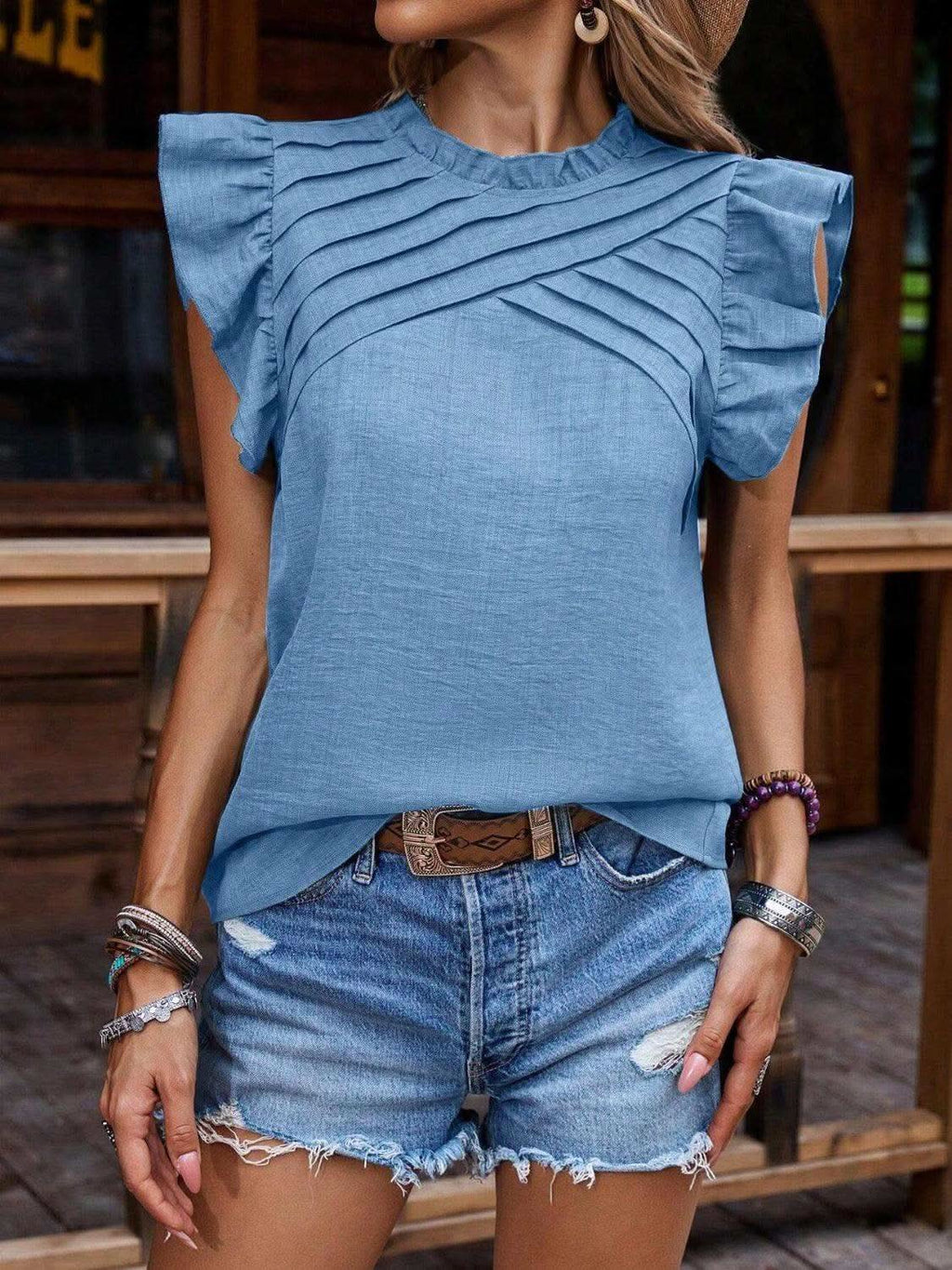 Frill Mock Neck Ruffled Cap Sleeve Blouse - SwagglyLife Home & Fashion