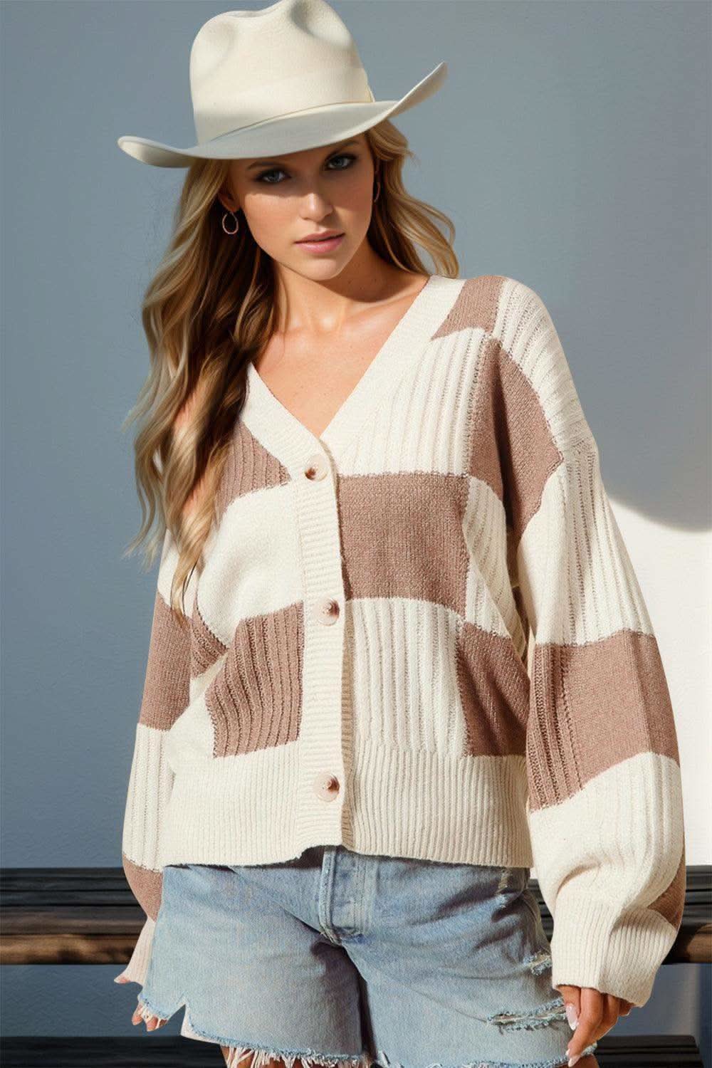 Double Take Full Size Checkered Dropped Shoulder Cardigan in Mocha - photo