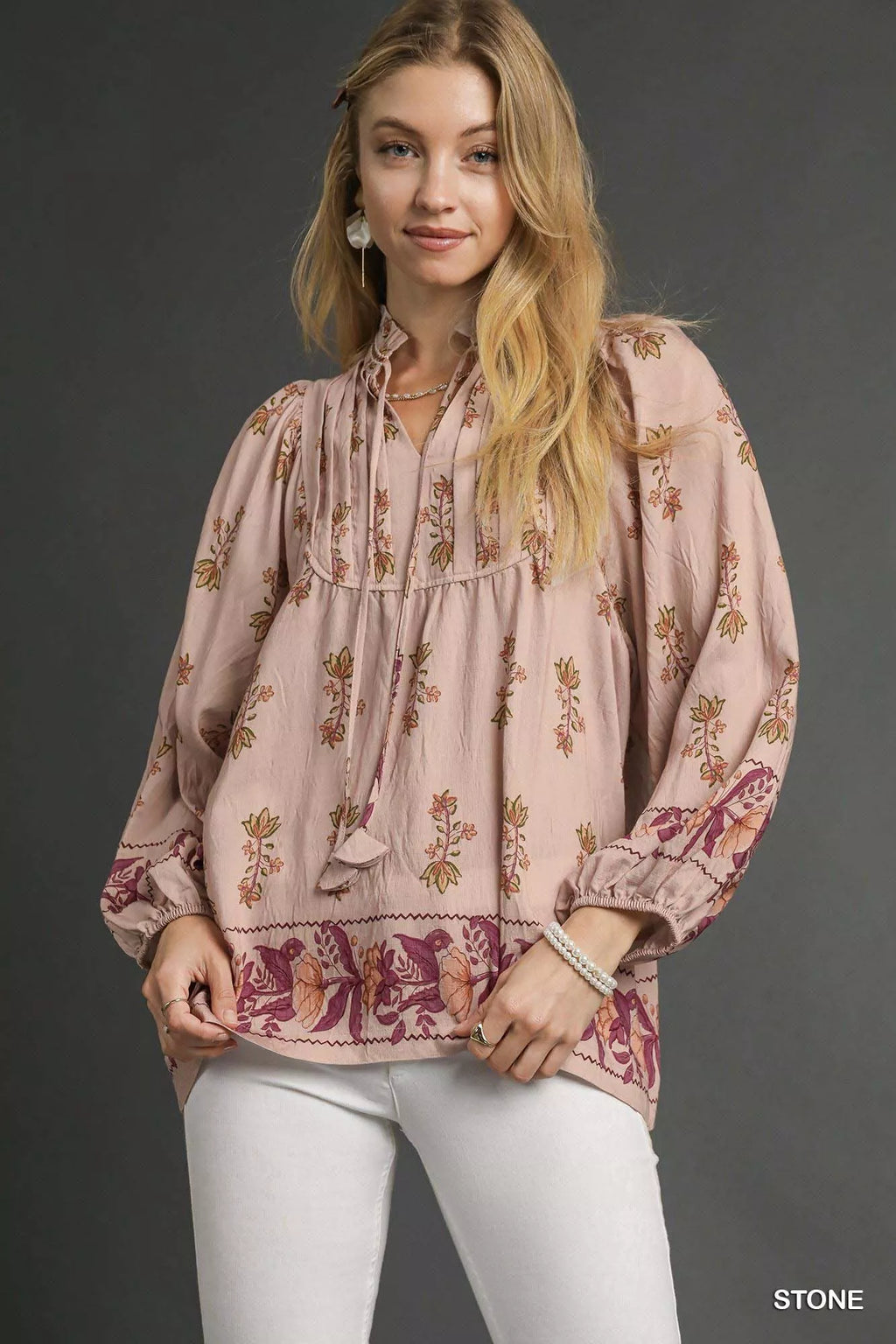 Umgee Floral Boho Peasant Blouse in STONE - photo