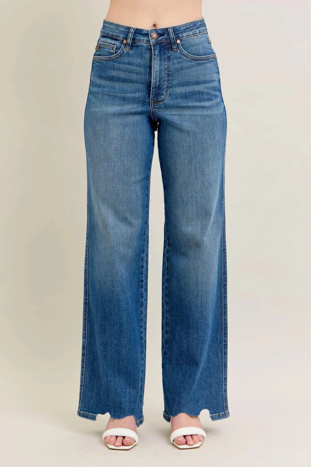 Judy Blue Full Size High Waist Tummy Control Chew Hem Destroy Wide Jeans Plus Size in MD - photo