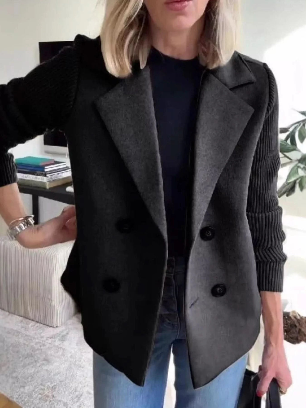 Knit Sleeve Double-Breasted Outerwear in Black - photo