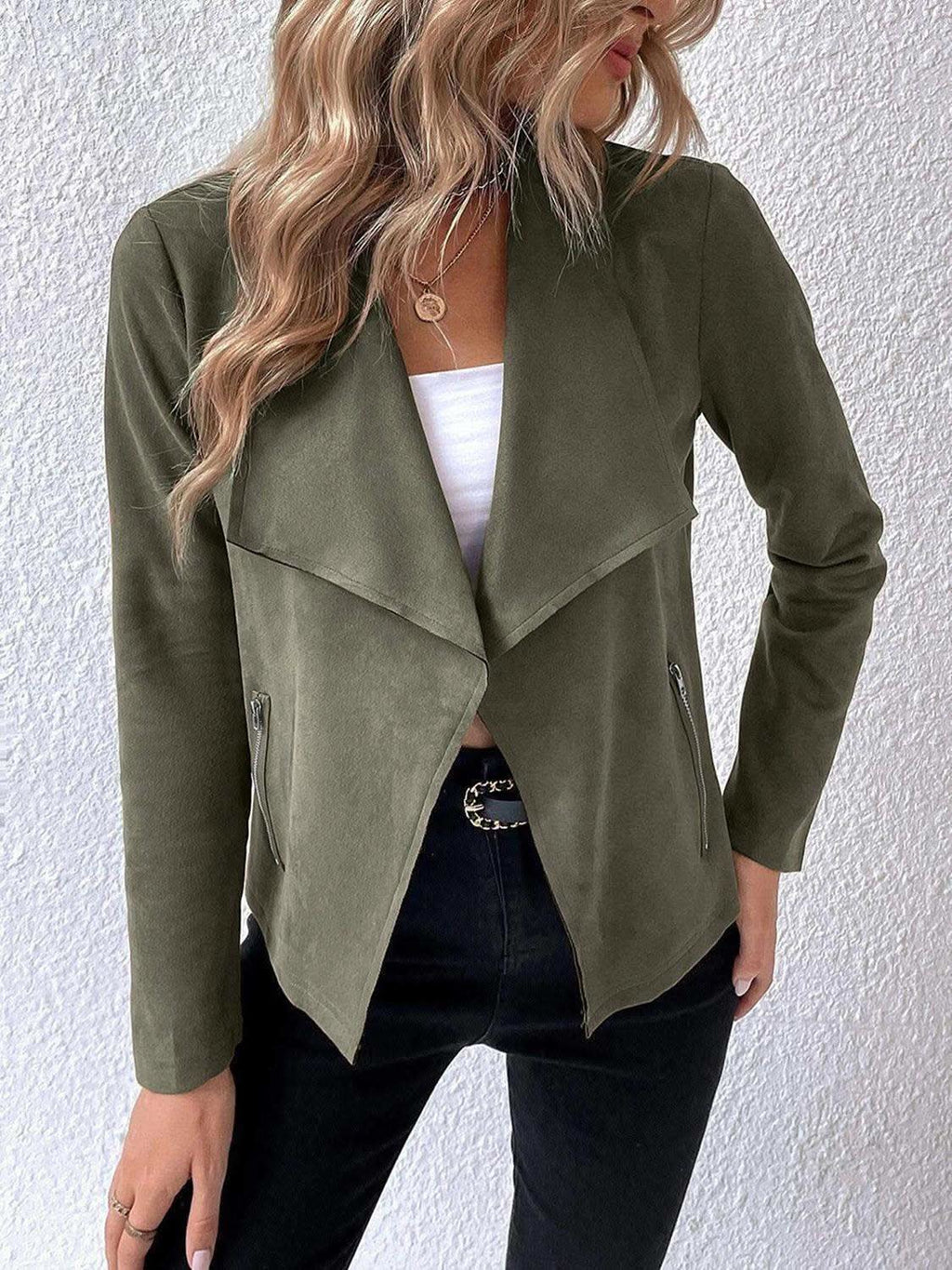 Collared Neck Long Sleeve Jacket in Army Green - Jackets photo