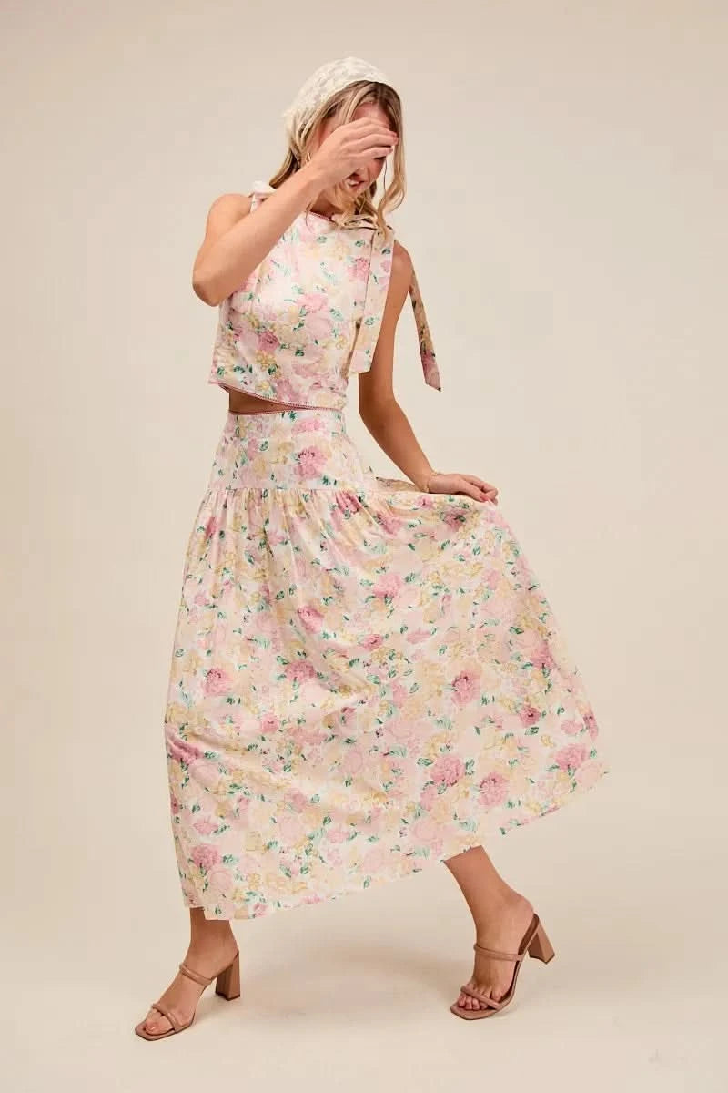 SO ME Floral Printed Woven Shoulder Bow Tie Top and Skirt Set in - photo