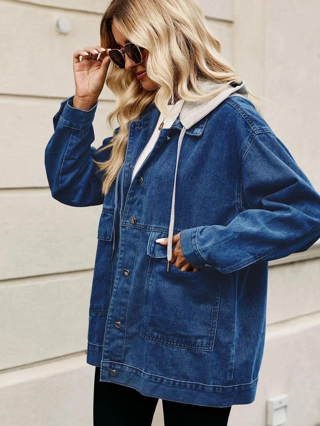 Oversized Button Up Denim Jacket with Hood in - photo