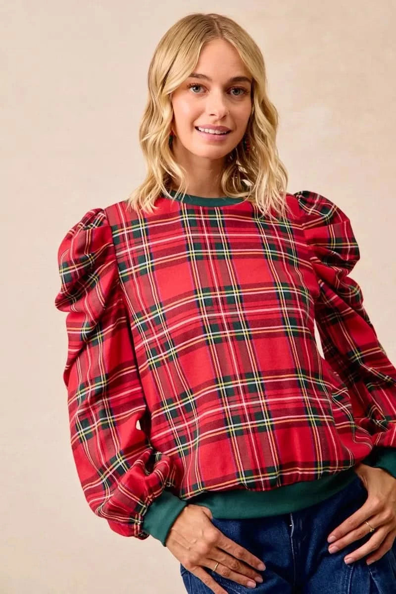 BiBi Christmas Plaid Exaggerated Shoulder Sleeves Top in - photo