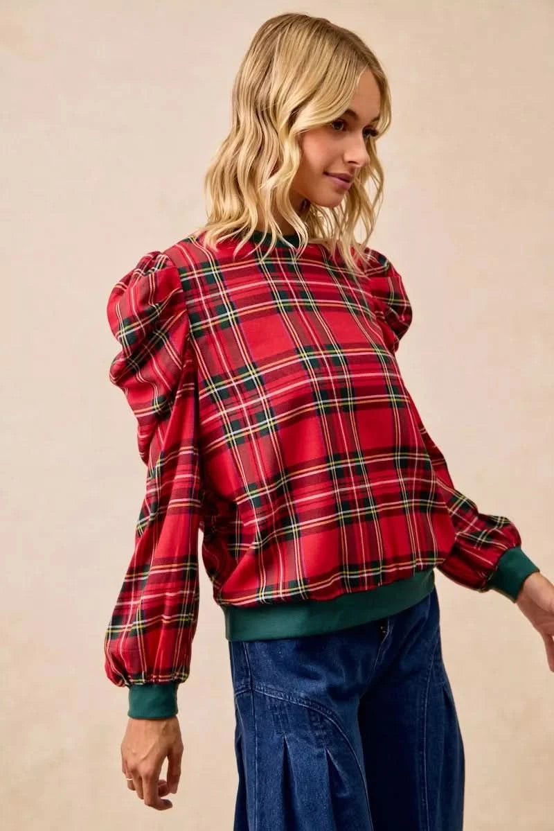 BiBi Christmas Plaid Exaggerated Shoulder Sleeves Top in - photo