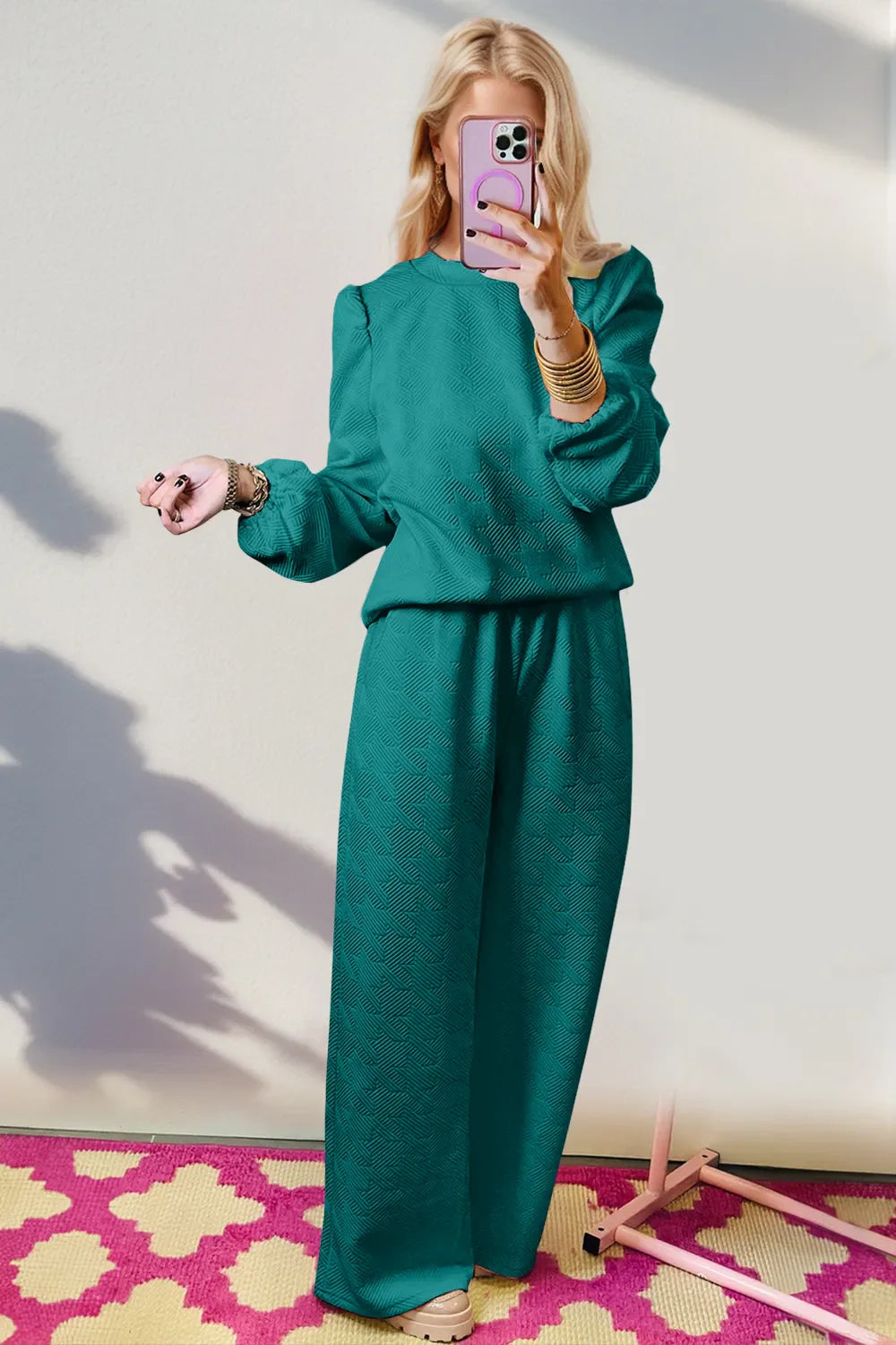 Double Take Texture Long Sleeve Top and Wide Leg Pants Set in Teal - photo