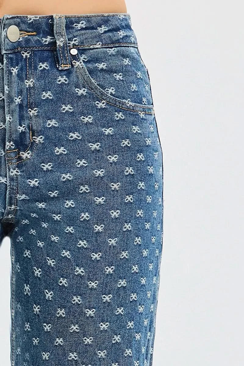 RISEN High Rise Wide Leg Bow Embroidered Jeans in - photo