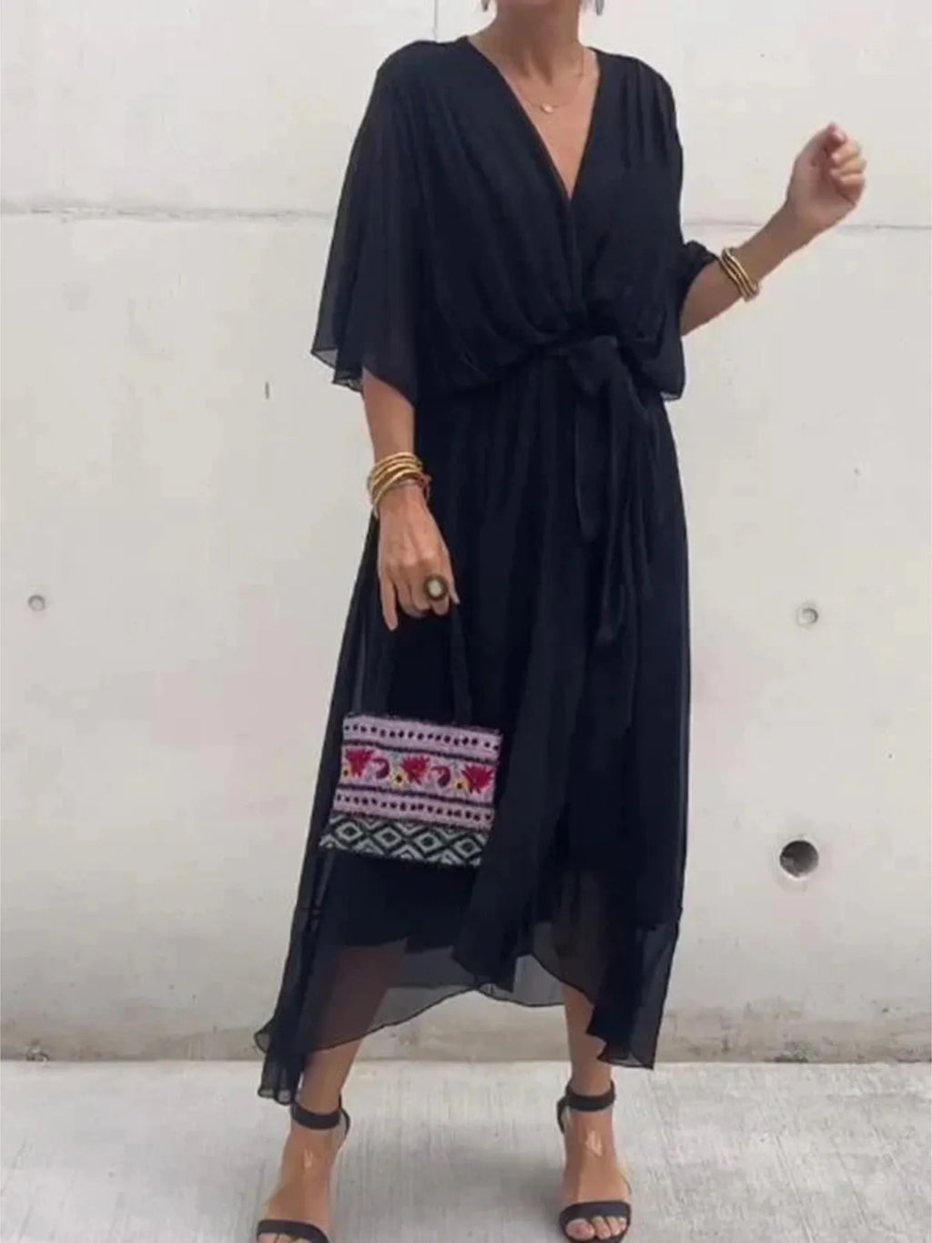 Flowy Tie Front Midi Dress with Flutter Sleeves in Black - photo