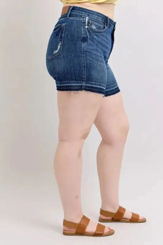 Judy Blue Plus Size HW Tummy Control Destroy Release Hem Denim Shorts - SwagglyLife Home & Fashion