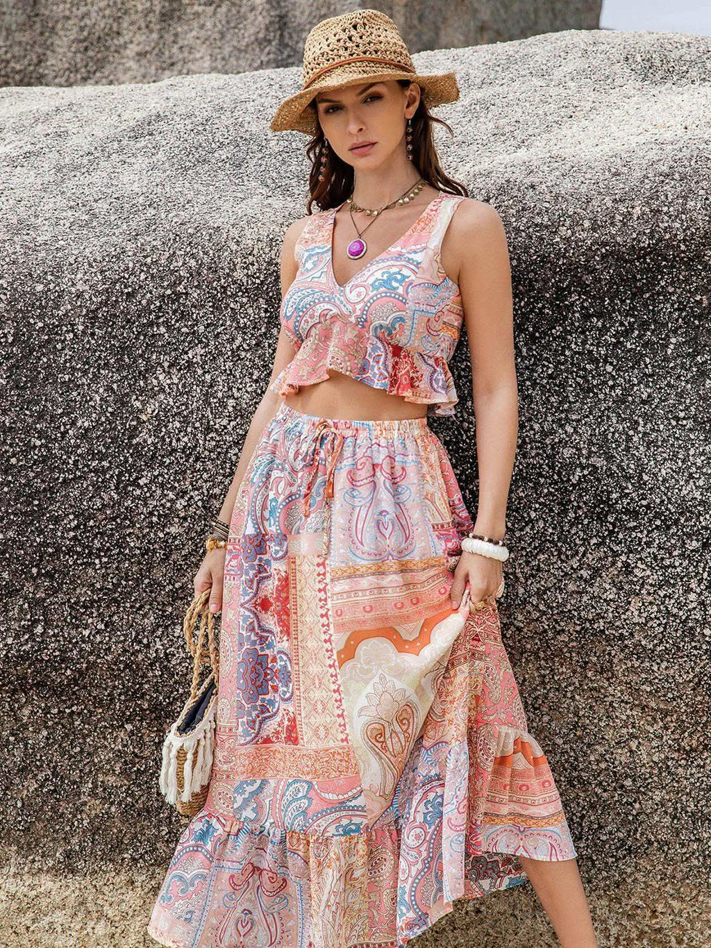 Printed V-Neck Top and Midi Skirt Set - SwagglyLife Home & Fashion