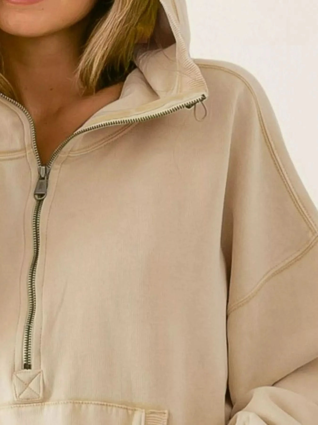 BiBi Stitch Detailed Elastic Hem Half Zip Fleece Hoodie in - photo