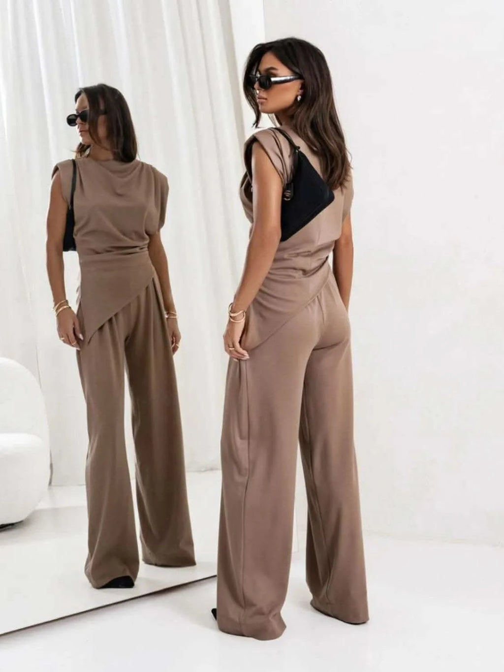 Slit Ruched Top and Wide Leg Pants Set in - photo