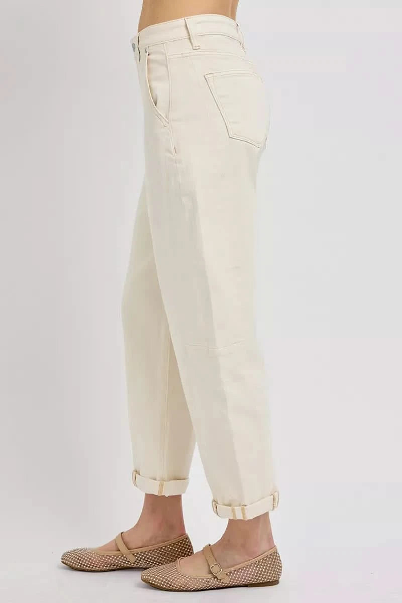 RISEN High Rise Relaxed Barrel Cuffed Jeans in - photo
