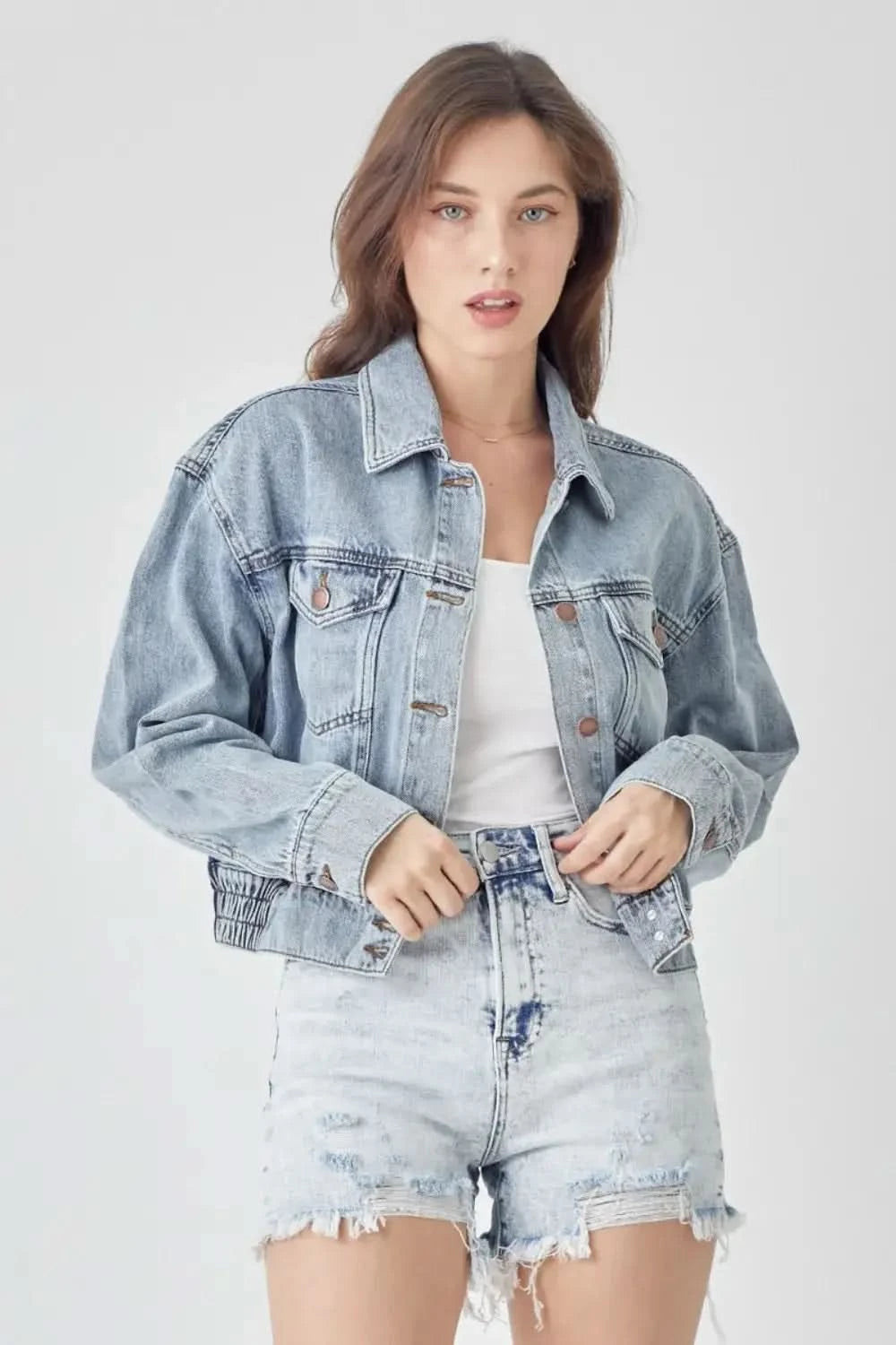 RISEN Full Size Button Down Cropped Denim Jacket in - photo
