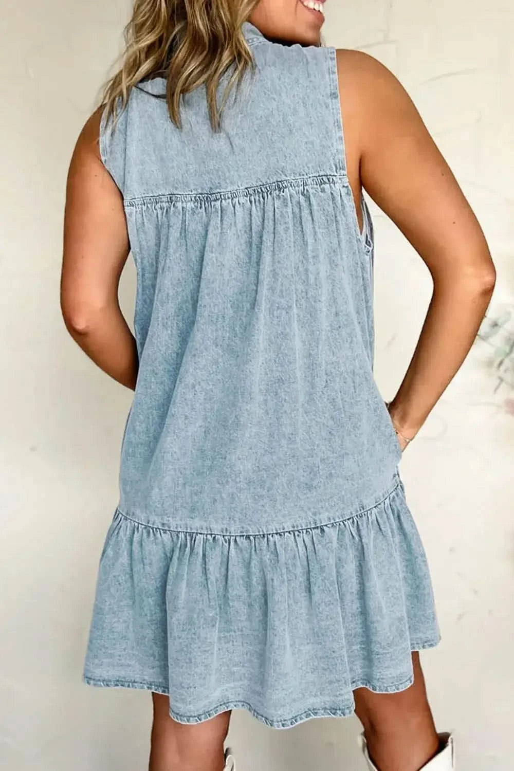 Tie Neck Sleeveless Denim Dress in - photo