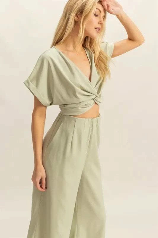HYFVE Twisted Front Short Sleeve Top and Wide Leg Pants Set in - photo