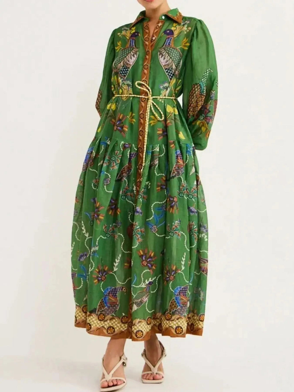 Printed Lantern Sleeve Maxi Shirt Dress in - photo