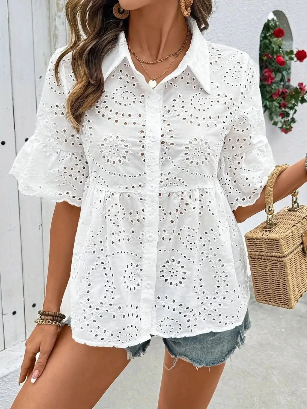 Eyelet Button Down Half Sleeve Shirt in - photo