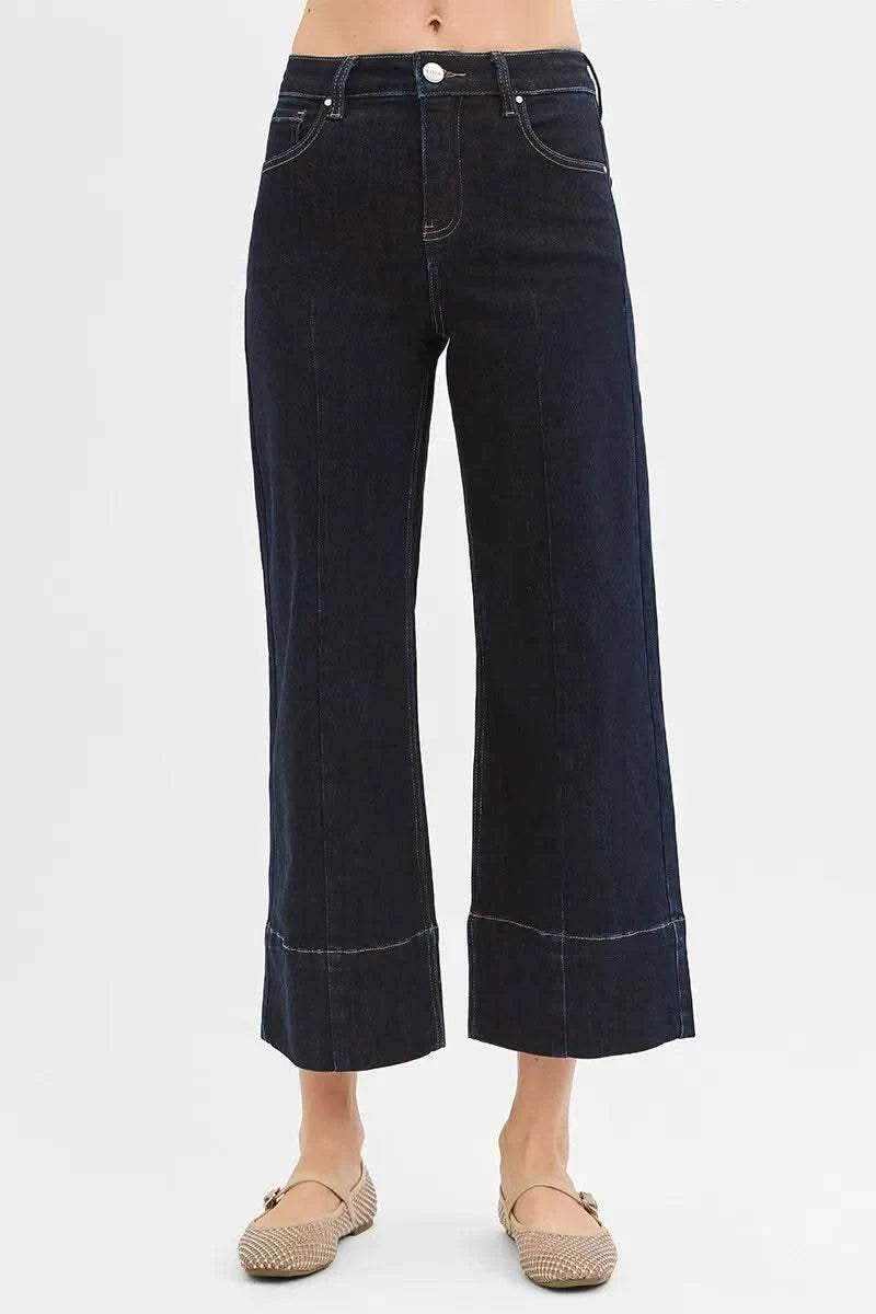 RISEN Tummy Control High Rise Crop Wide Seam Detailed Jeans in SOLID DARK - photo