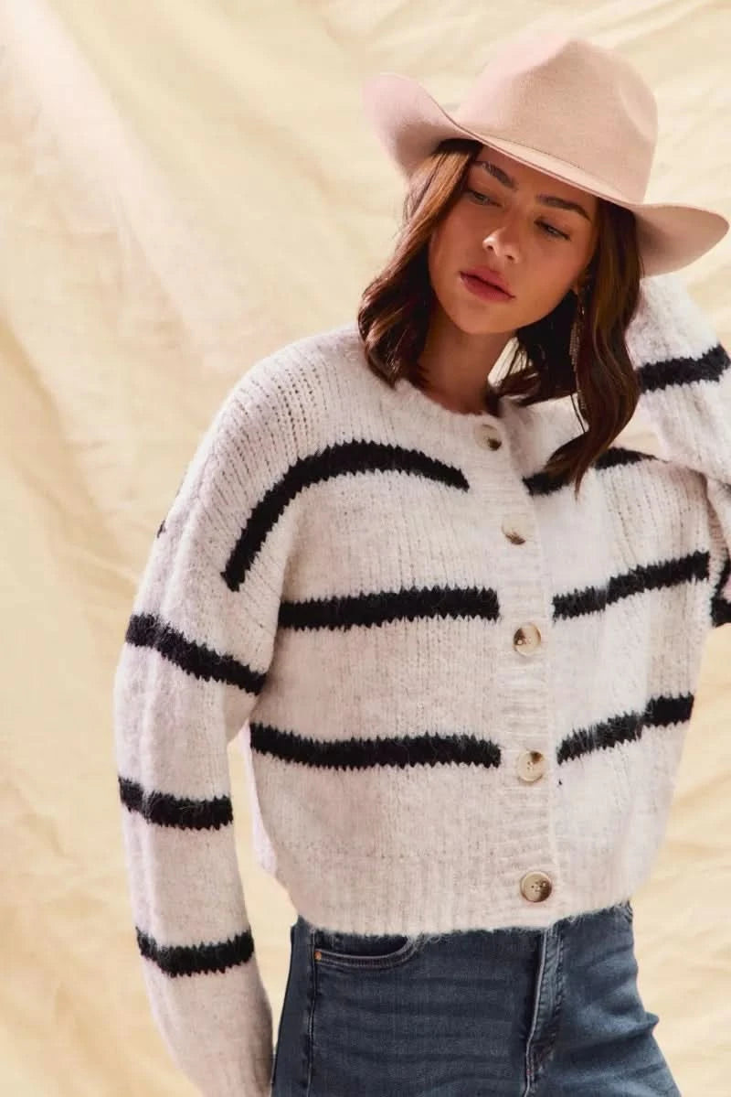 SO ME Stripe Soft Touch Button Cozy Sweater Cardigan in - photo
