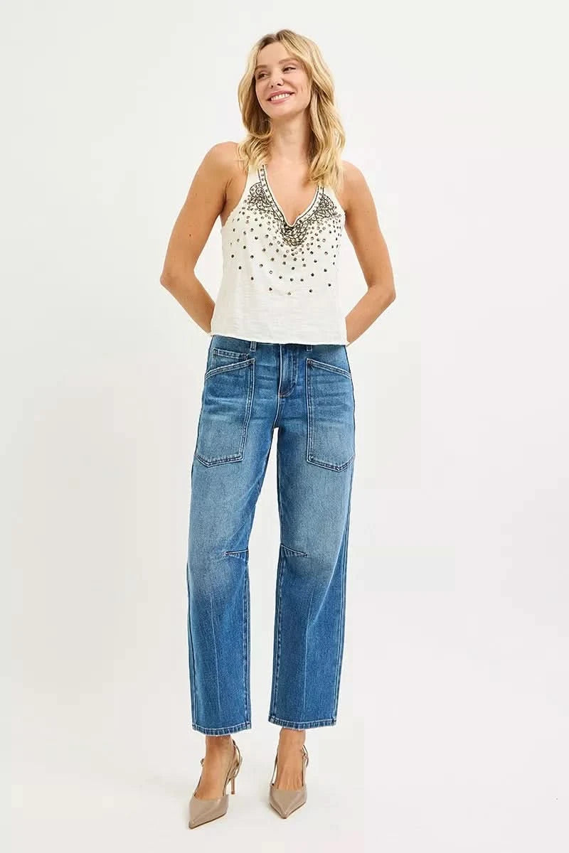 RISEN 4 Way Stretch Mid Rise Barrel Jeans with Patch Pocket Detail in - photo