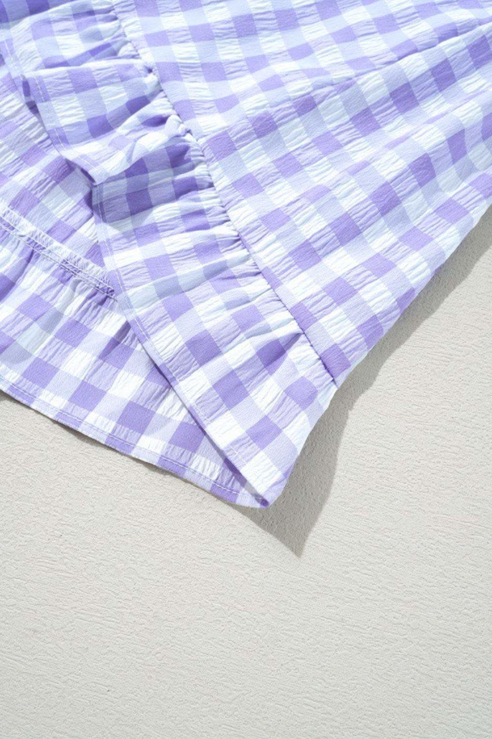 Plaid Tie Neck Short Sleeve Babydoll Mini Dress - SwagglyLife Home & Fashion