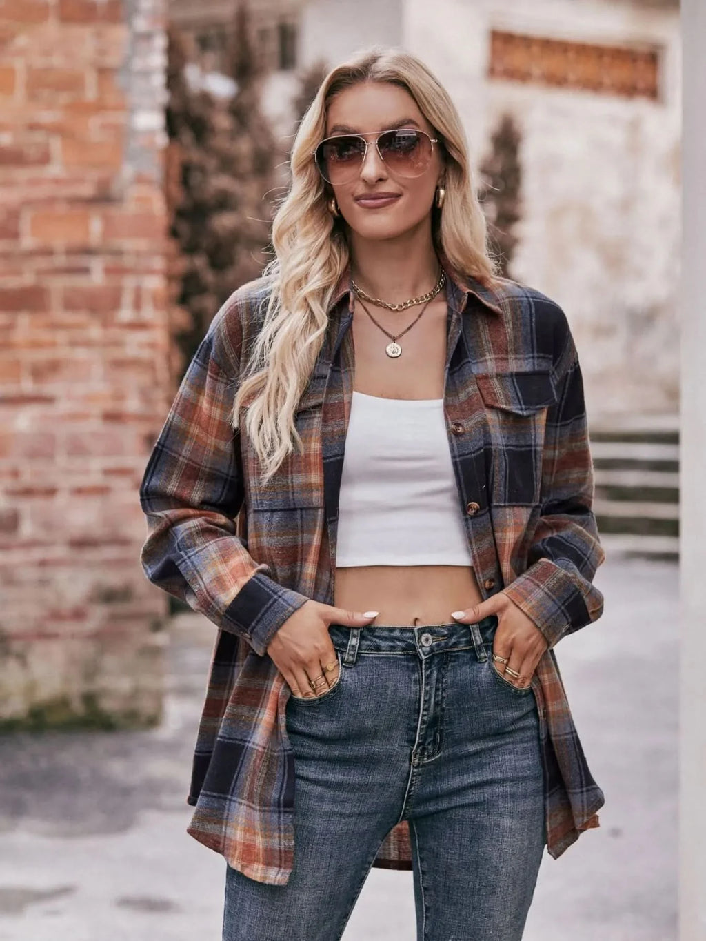 Plaid Button-Down Long Sleeve Shirt in Khakis - photo