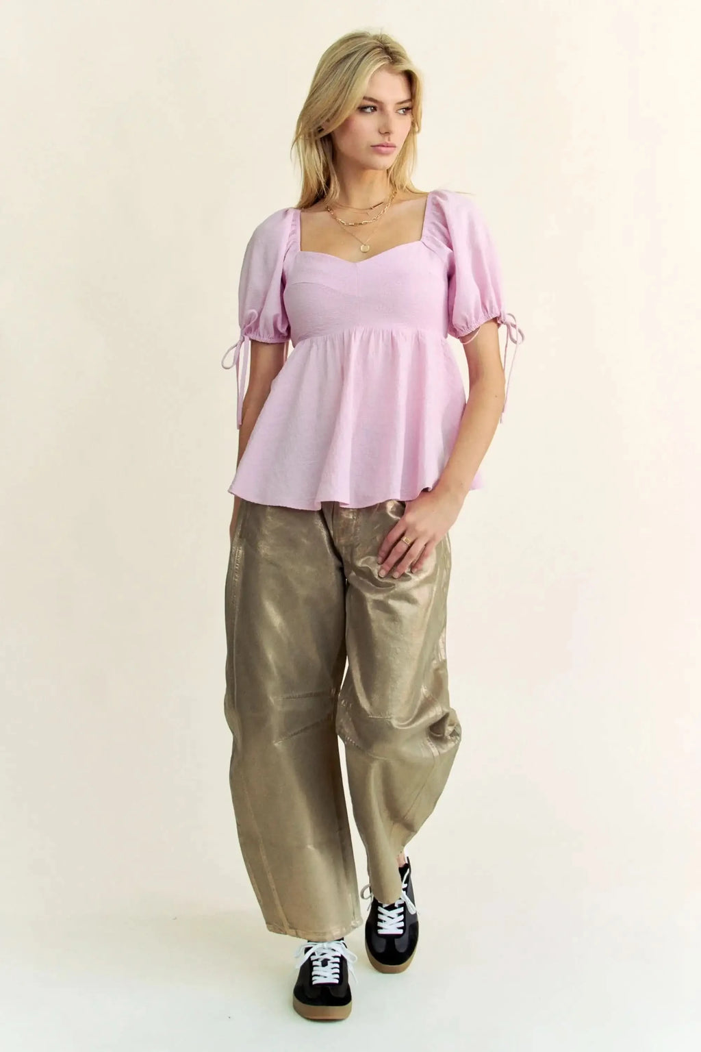 Davi & Dani Solid Elastic Peplum Puffed Sleeves Blouse in - photo