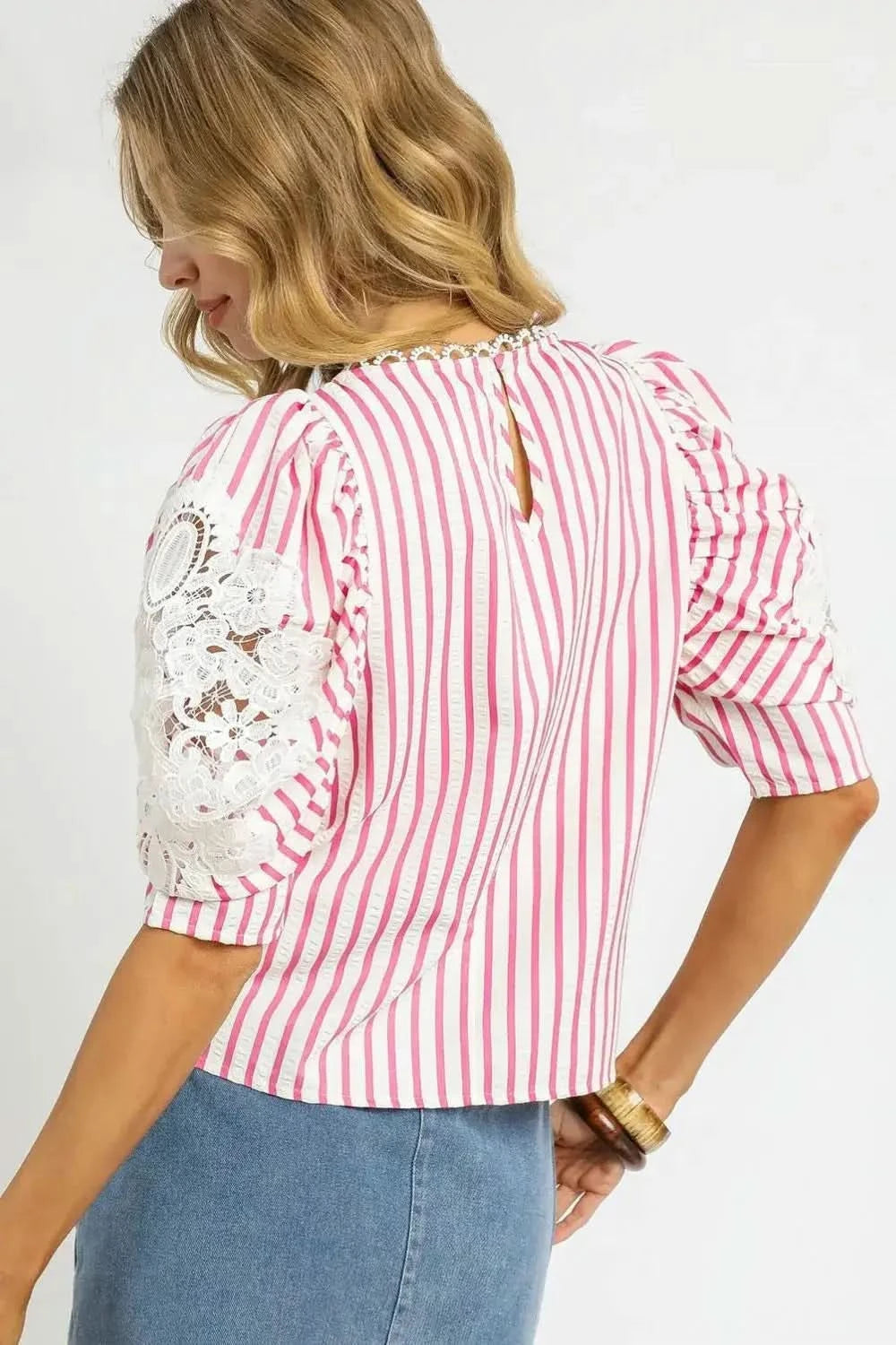 Umgee Striped Lace Puff Sleeve Blouse - SwagglyLife Home & Fashion