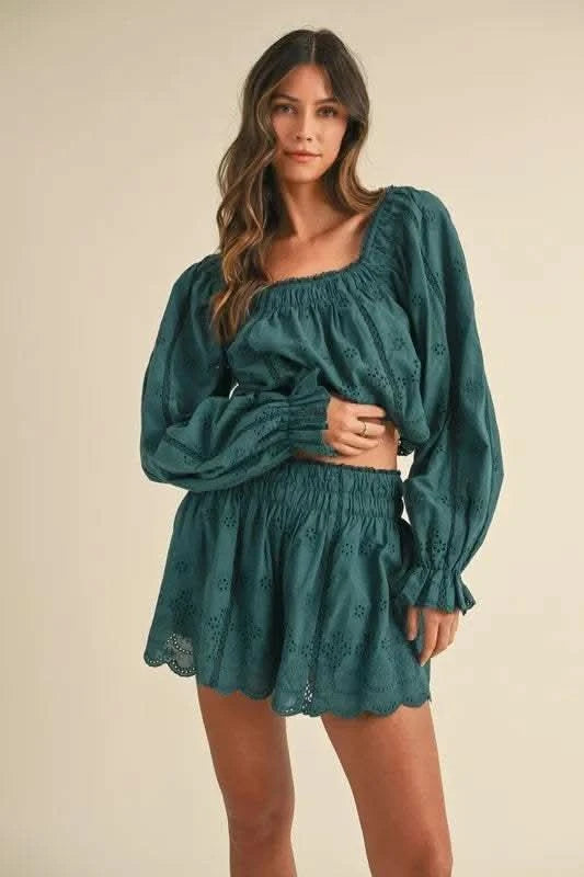 MABLE Embroidered Scalloped Lace Top and Short Set in Teal - photo