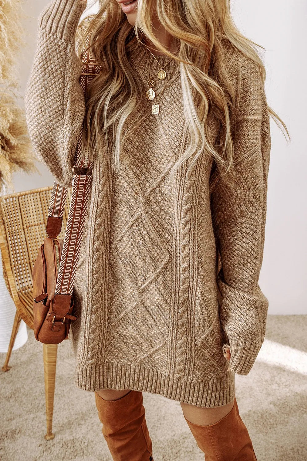 Cable-Knit Round Neck Sweater Dress - SwagglyLife Home & Fashion