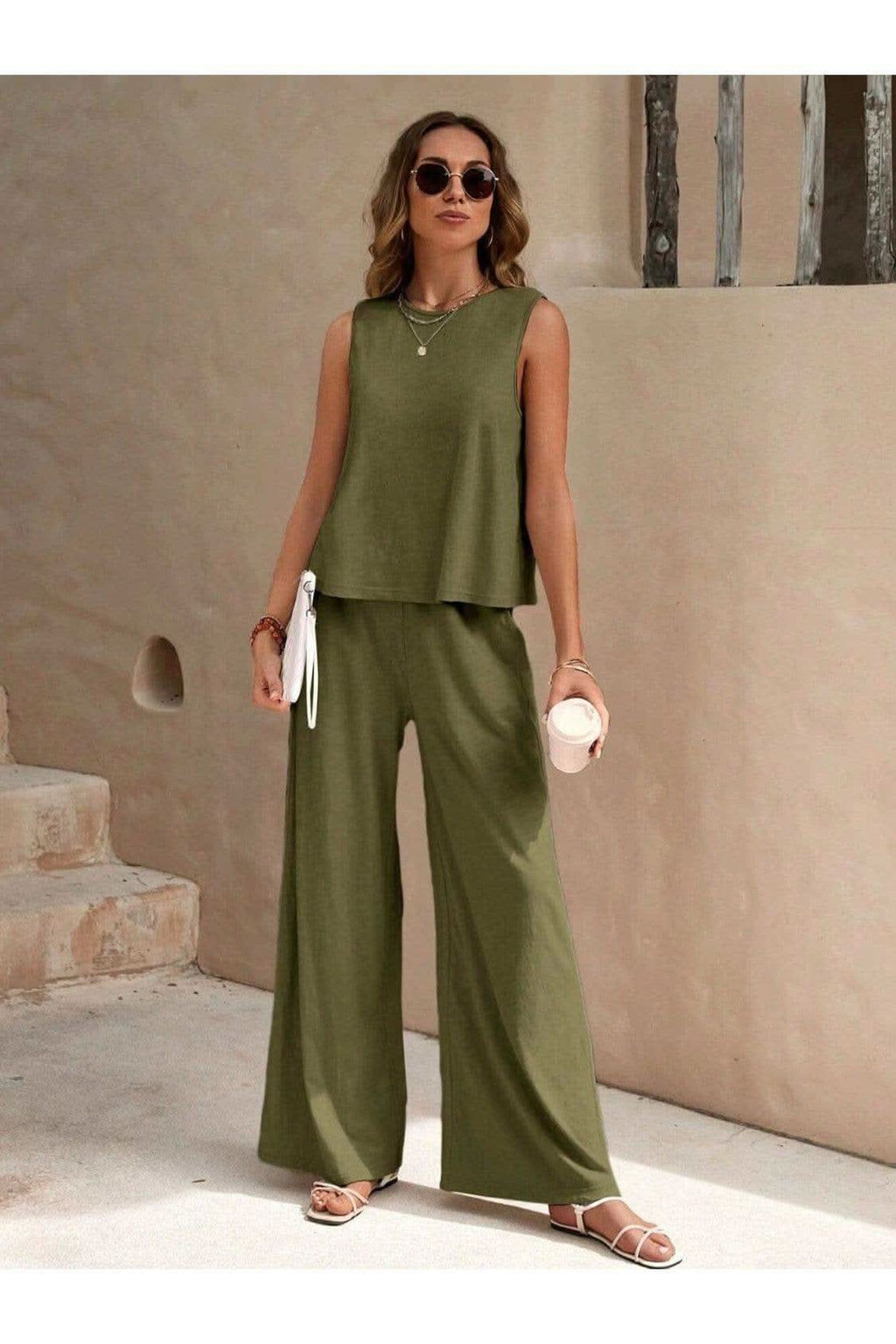Round Neck Sleeveless Top and Wide Leg Pants Set - SwagglyLife Home & Fashion