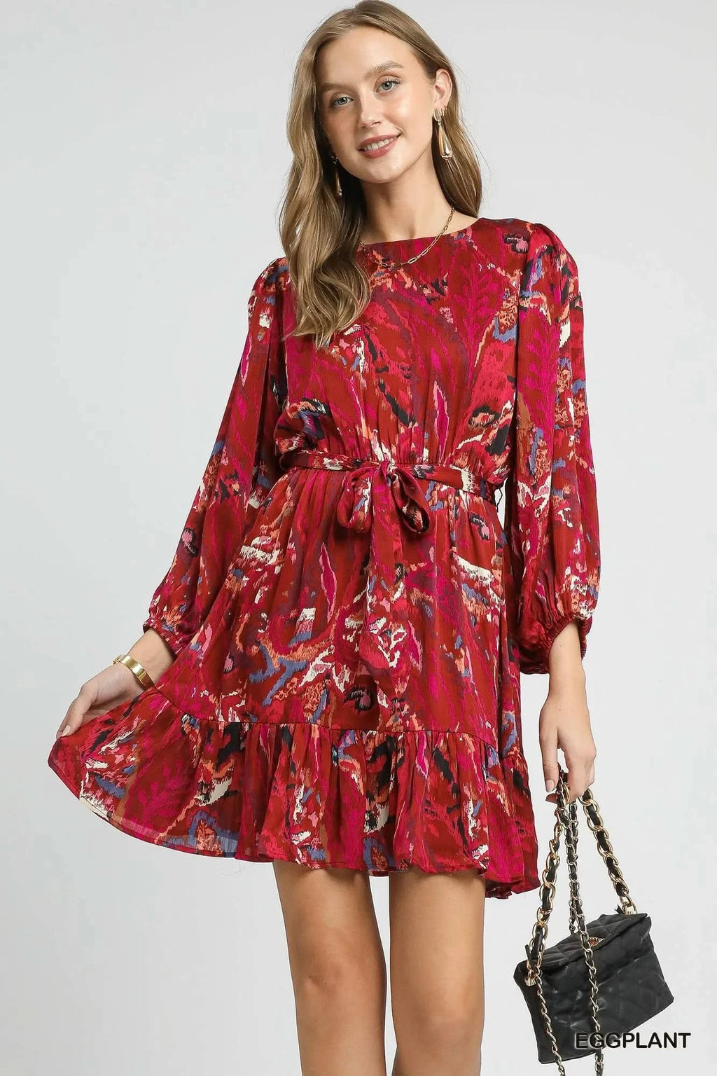 Umgee Ruffled Hem Printed Balloon Sleeve Dress in EGGPLANT - photo