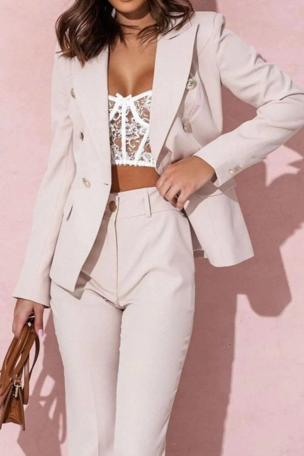 Full Size Lapel Collar Long Sleeve Blazer and Pants Set Plus Size in Eggshell - photo