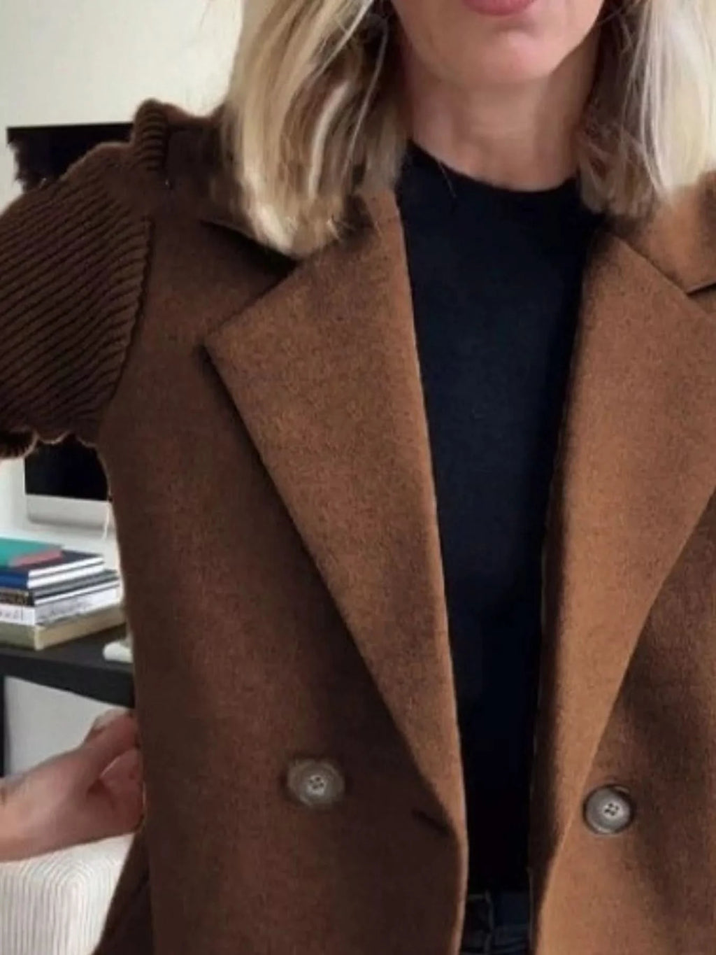 Knit Sleeve Double-Breasted Outerwear in - photo