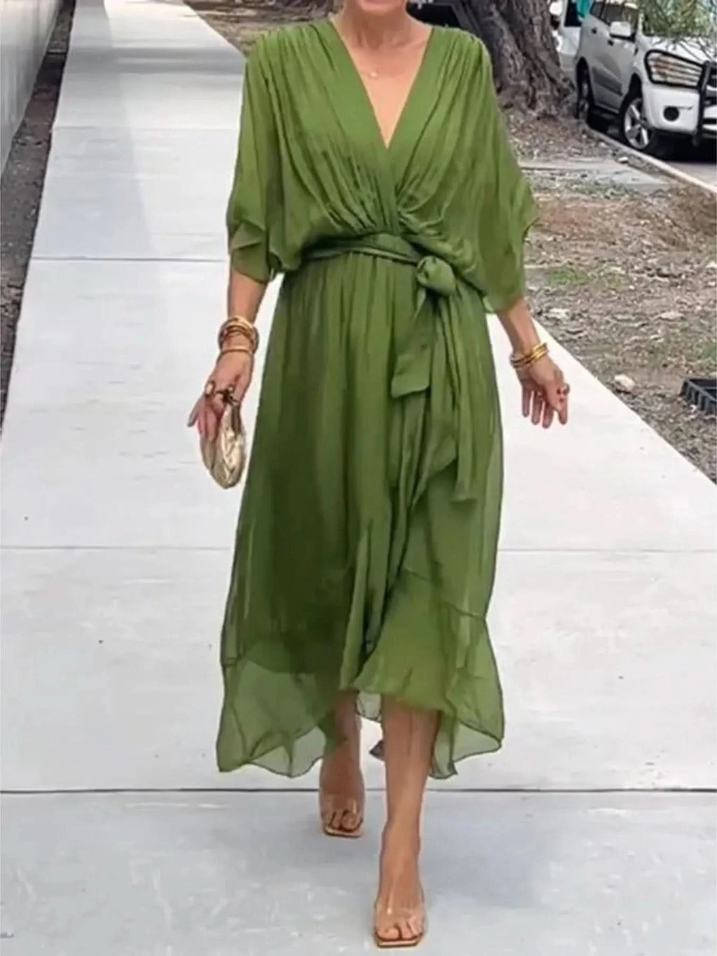 Flowy Tie Front Midi Dress with Flutter Sleeves in - photo