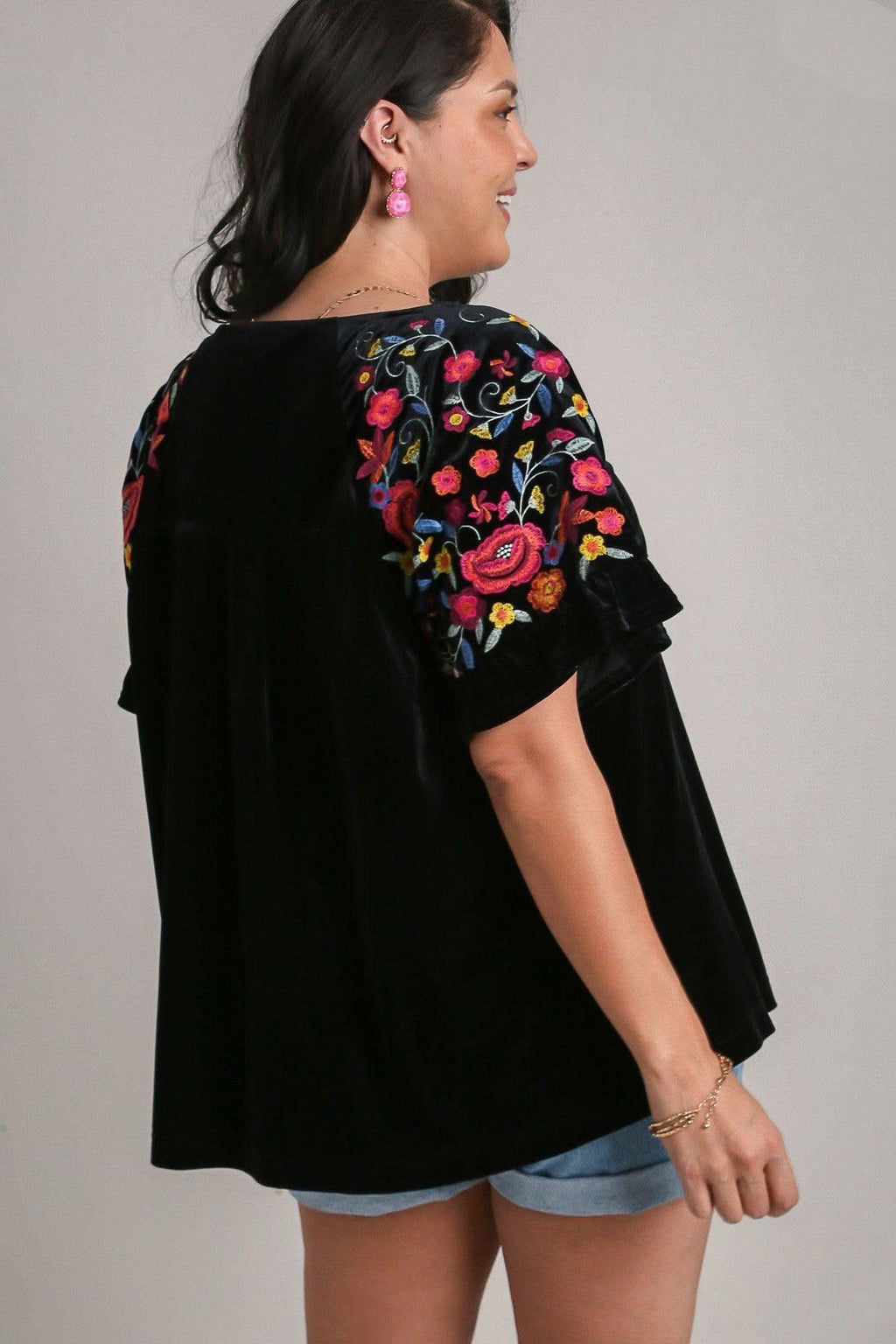Umgee Full Size Velvet Embroidery Short Sleeve Blouse - SwagglyLife Home & Fashion