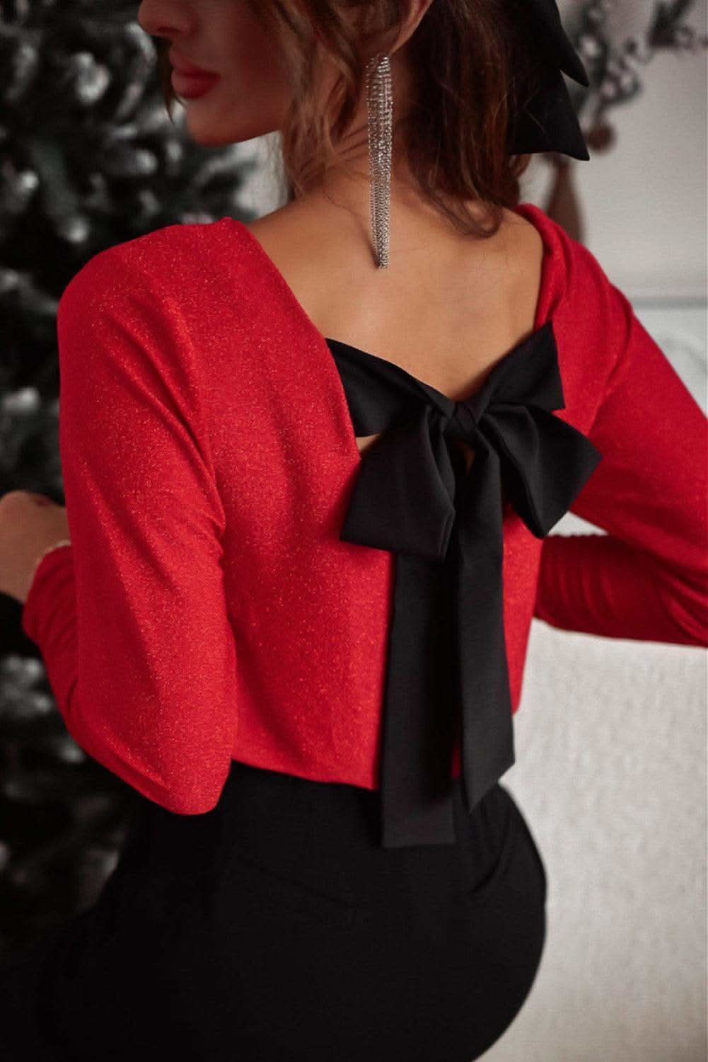 Bowknot V-Neck Long Sleeve Blouse - SwagglyLife Home & Fashion
